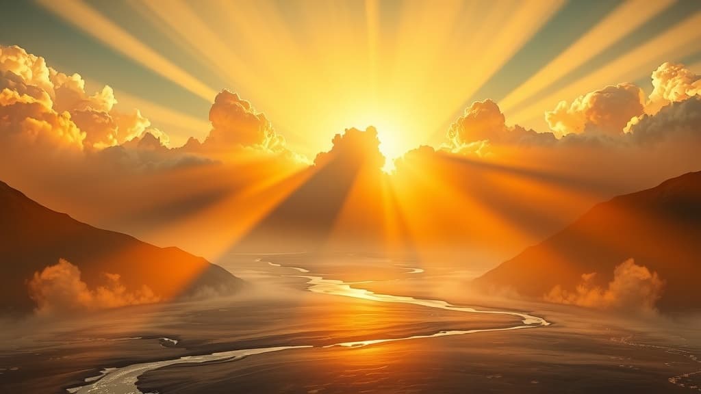 A breathtaking cinematic celestial landscape at golden hour. Warm, radiant rays of divine light piercing through soft, voluminous clouds, illuminating a serene and calm valley with a gentle flowing river. The atmosphere is filled with pure tranquility, sacred peace, and spiritual comfort. Photorealistic, highly detailed, golden hour lighting, 16:9 aspect ratio, no people, no text, no faces.